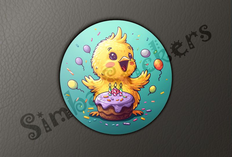Jubilant Chick behind birthday cake with candles