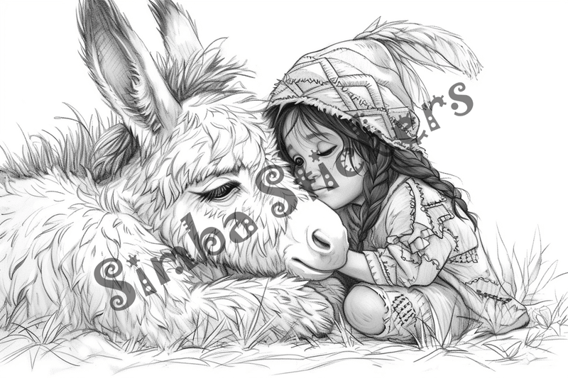Colouring pages, bundle of donkeys with children, 10 images