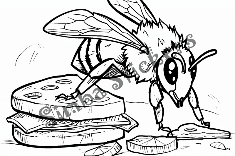 Colouring pages, bundle of bees around food, 10 images