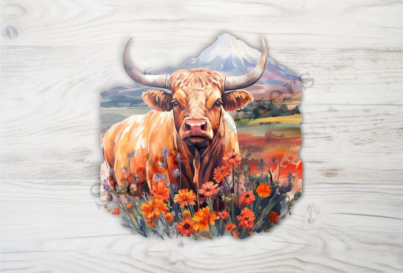 Bull in a field of flowers, mountain in background, watercolour