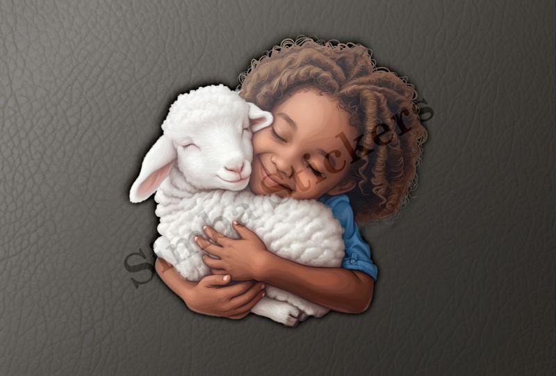 Sheep being hugged by happy girl with frizzy hair