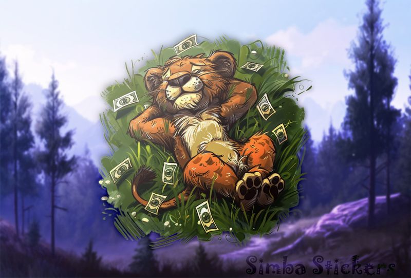 Simba Lion cub lying in satisfaction on grass with money around, uqhqc8