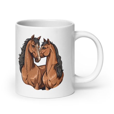 White Glossy Mug, 20oz, Two brown horses snuggling, tdwcyd