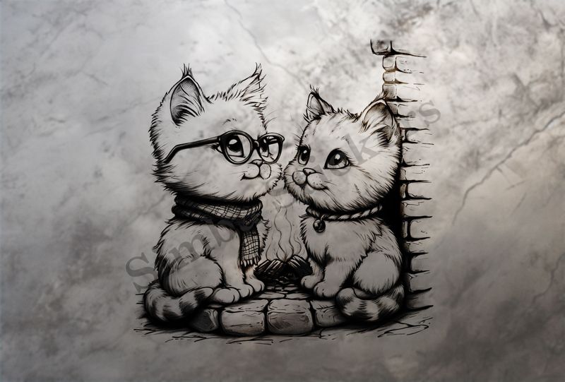 Cat kittens, one in glasses, outline art