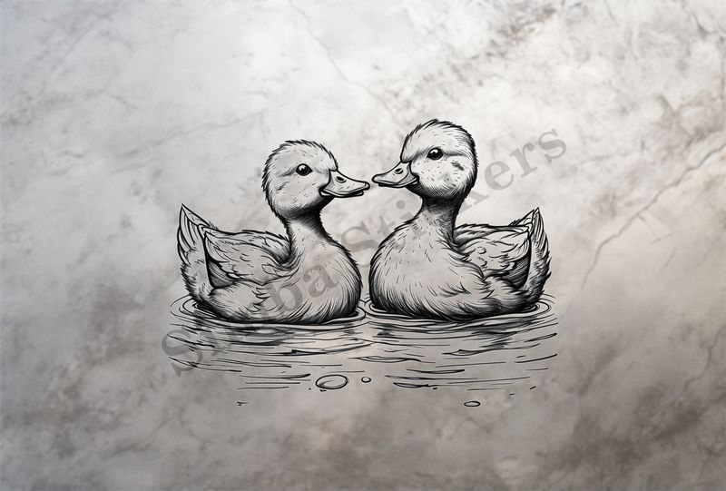 Ducks beak-to-beak in a pond, outline art