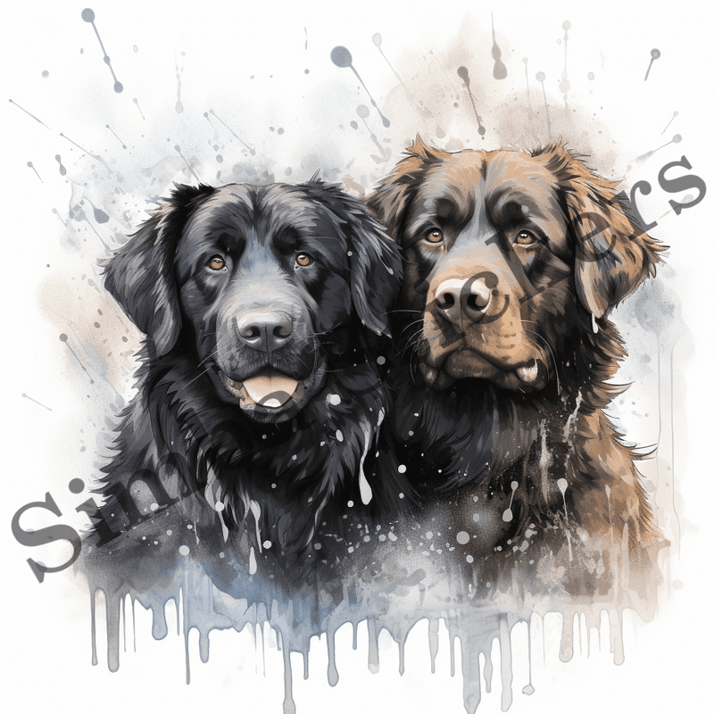 Newfoundland dogs wet in the rain, watercolour, image set, 10 images