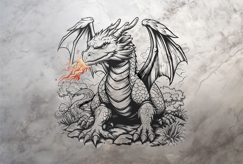 Dragon breathing fire, bushy background, wings outspread, outline art