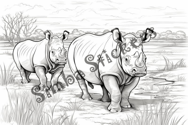 Colouring pages, bundle of rhinos, 25 images