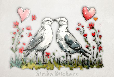 Seagulls in love beak-to-beak, Valentine&#x27;s hearts above, watercolour, phex4f