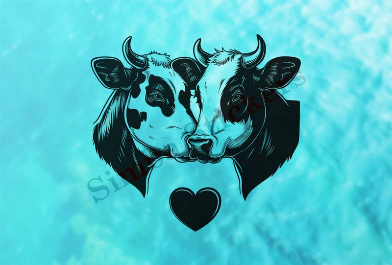 Cattle, bull and cow cheek-to-cheek, heart in picture, outline art