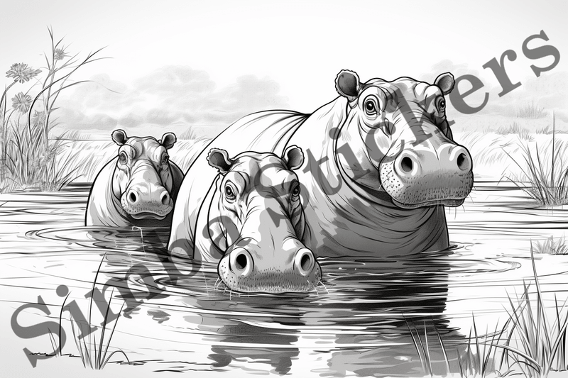 Colouring pages, Bundle of hippos, 25 images