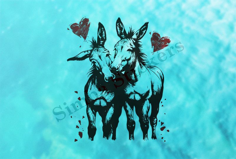 Donkeys in love, nose-to-nose, hearts in picture, outline art