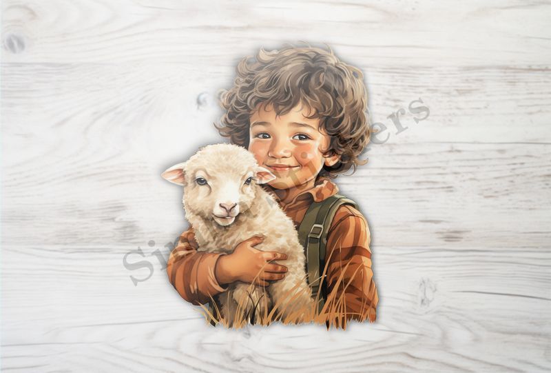 Lamb in arms of small boy of Asian origin, vintage