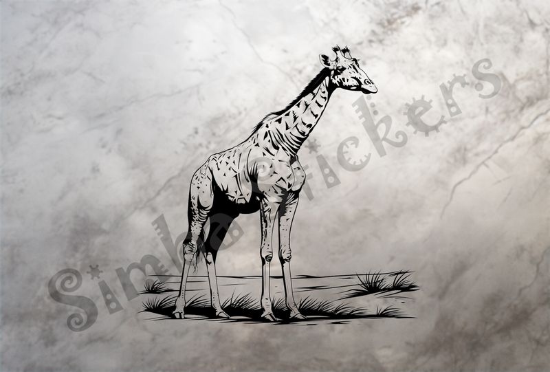 Giraffe standing tall in shrubs, outline art