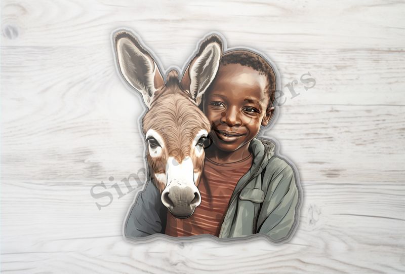Donkey hugged by child of African origin