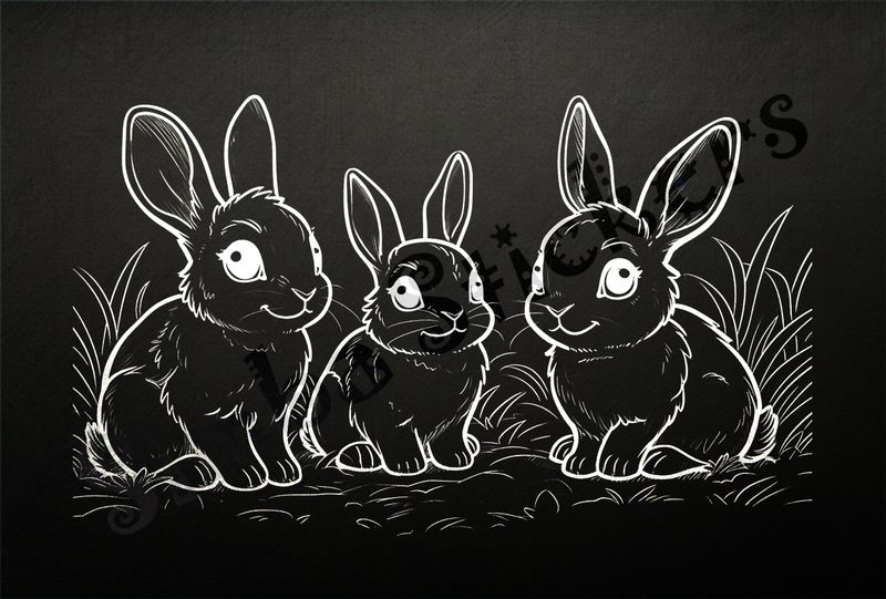 Group of 3 hares in the field, outline art