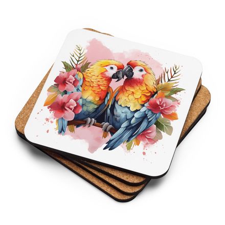 Cork-Back Coaster, Parrots in love among flowers in pinkish background, watercolour, nvcywh,mirrored