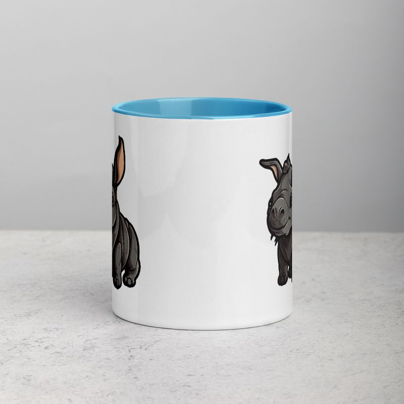 White Ceramic Mug with Color Inside, 11oz &amp; 15oz, Black rhino calf looking cute 
