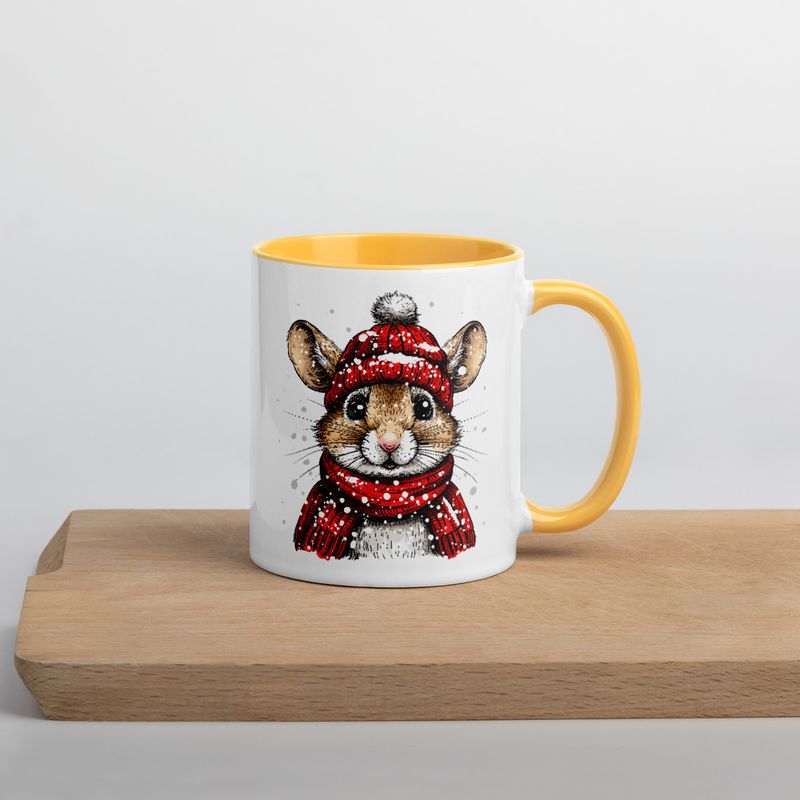 White Ceramic Mug with Color Inside, 11&amp;15oz, Mouse wearing red winter hat and scarf in snow, xg8dl3