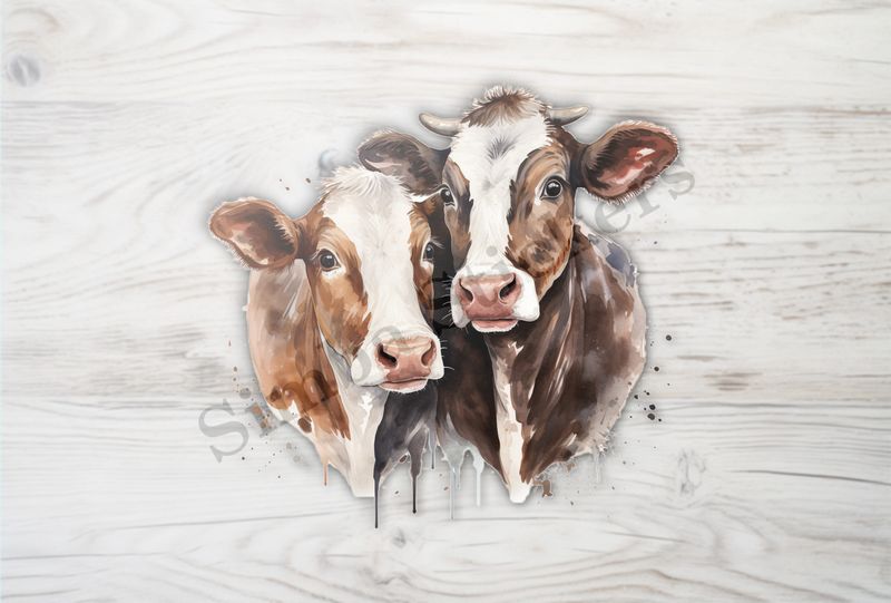 Cows,both brown,  cheek-to-cheek, watercolour