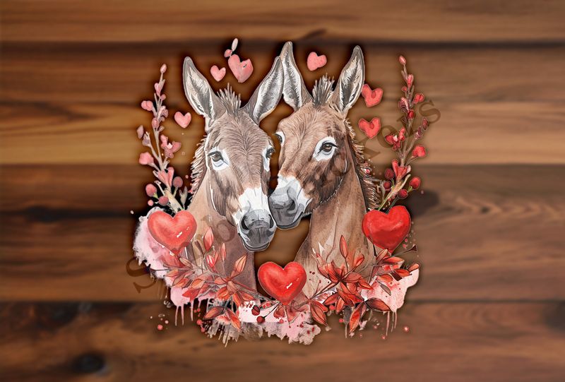 Donkeys in love, hearts and red leaves, watercolour