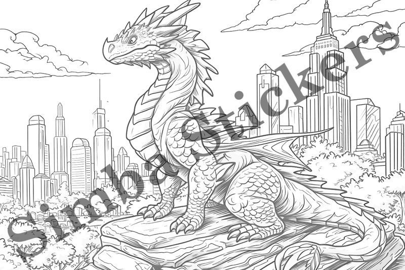 Colouring pages, bundle of dragons in cityscape, 10 images