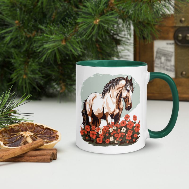 White Ceramic Mug with Color Inside, 11&amp;15oz, Brown horse in field of red flowers, n4w2fj