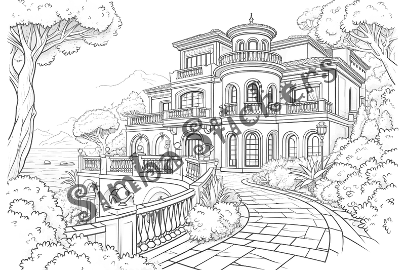 Colouring pages, bundle of houses overlooking the sea, 10 images
