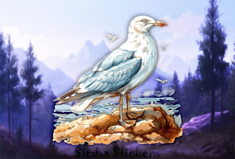 Seagull on small rocks by the beach, watercolour, unvow9