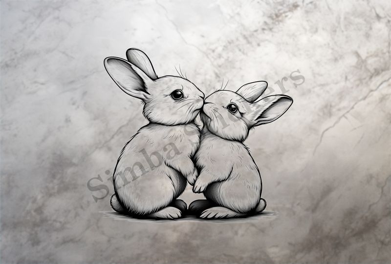 Bunnies nose-to-nose  in love, outline art