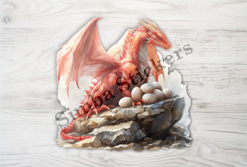 Red dragon brooding over her eggs, watercolour