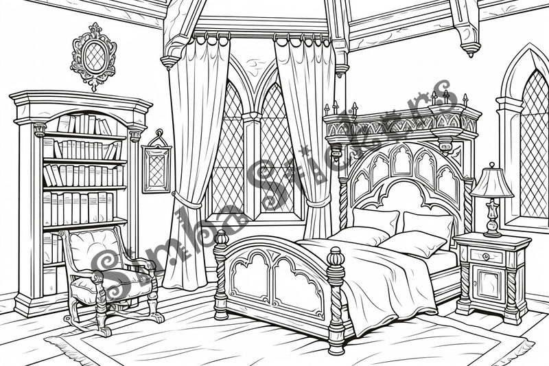 Colouring pages, bundle of house bedrooms, complex, 10 images
