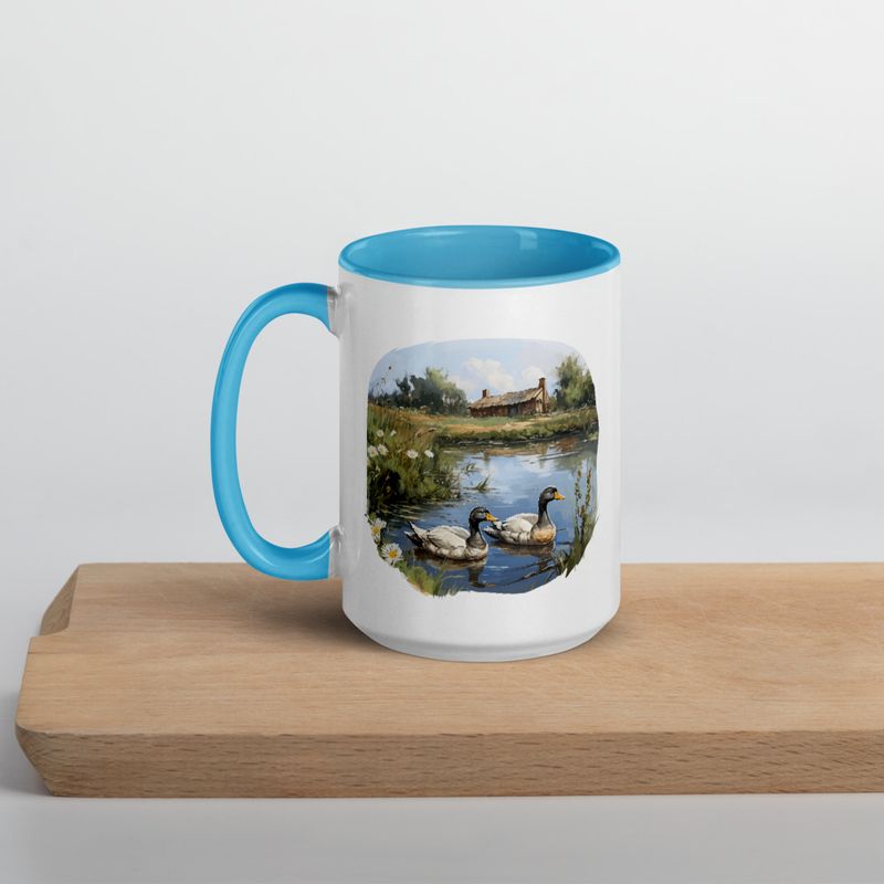 White Ceramic Mug with Color Inside, 11 &amp;15oz, Ducks in love swimming in farmhouse pond 