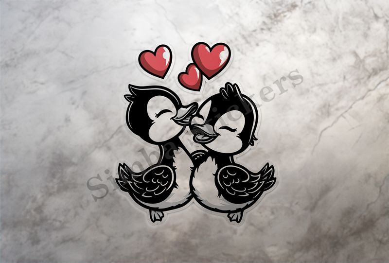 Ducklings in love, romantic hearts above them, outline art