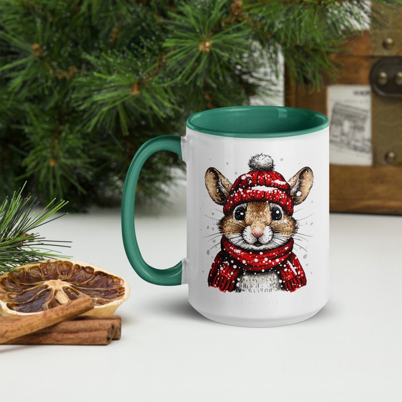 White Ceramic Mug with Color Inside, 11&amp;15oz, Mouse wearing red winter hat and scarf in snow, xg8dl3