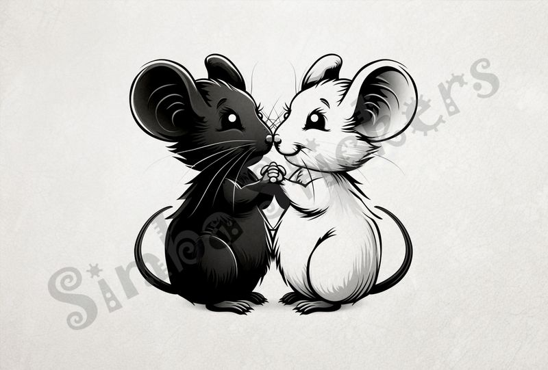 Mice nose-to-nose, holding hands, outline art