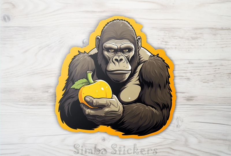 Gorilla holding a fruit and frowning, 8grvzt