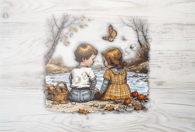 Boy and girl with a picnic basket by a river, fruits on the ground