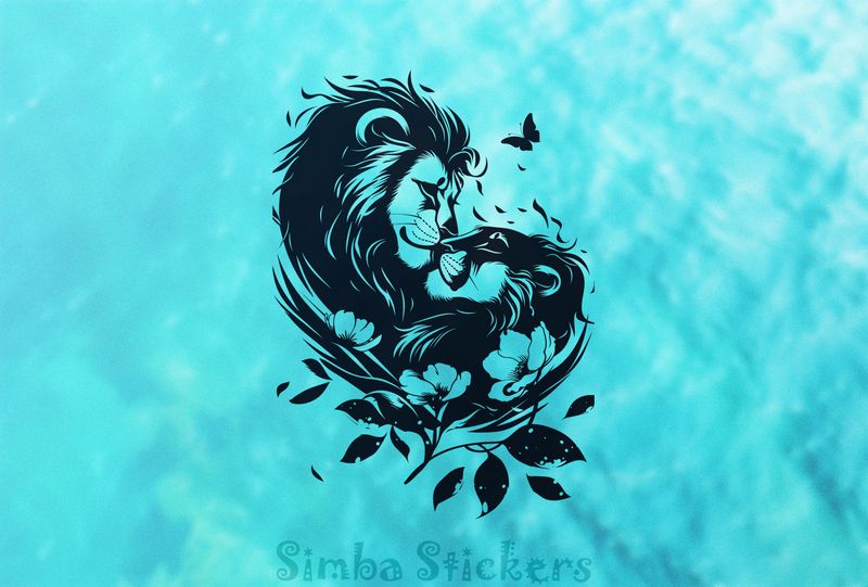 Male with lioness embracing among flowers, outline art, bwsylo