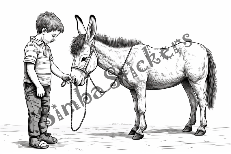Colouring pages, bundle of donkeys carrying goods or people 10 images