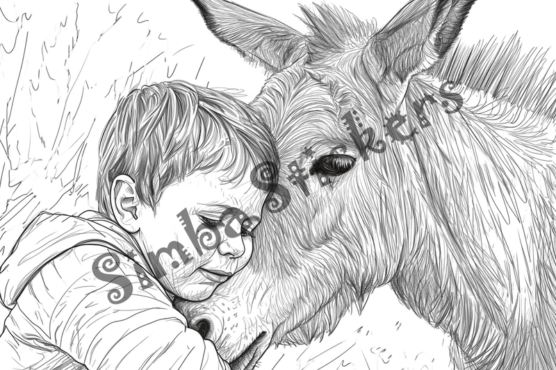 Colouring pages, bundle of mules hugged by child, 10 images