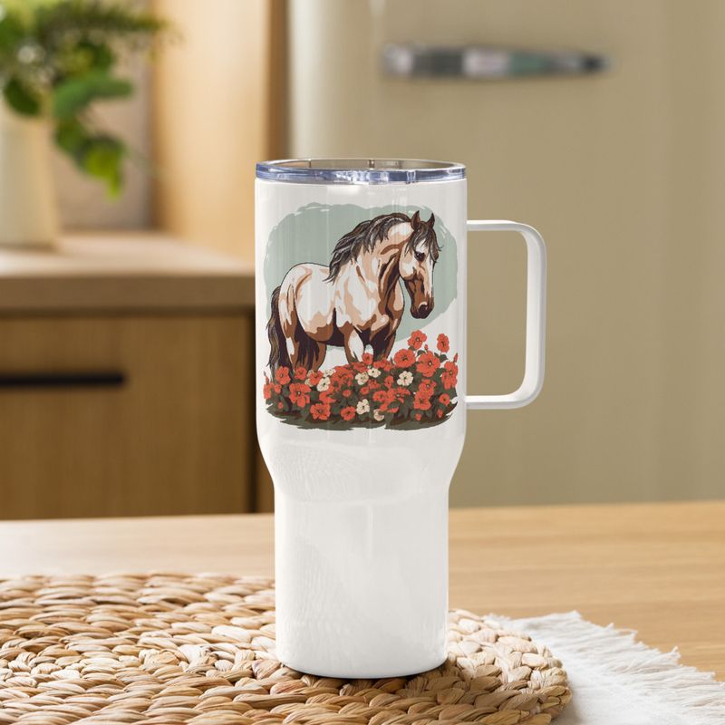Travel Mug, Cattle, Brown horse in field of red flowers, n4w2fj