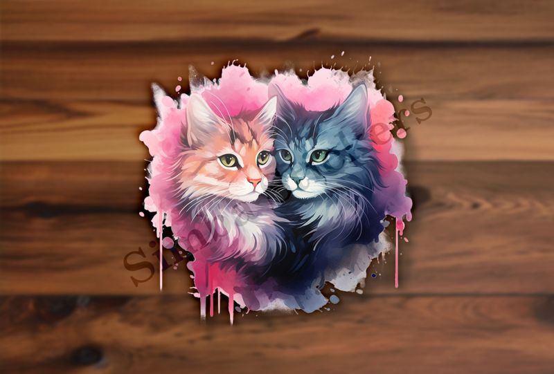 Cats cuddling, watercolour