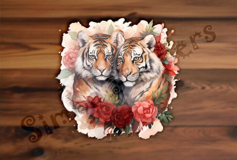 Tigers in love in rose flowers, watercolour