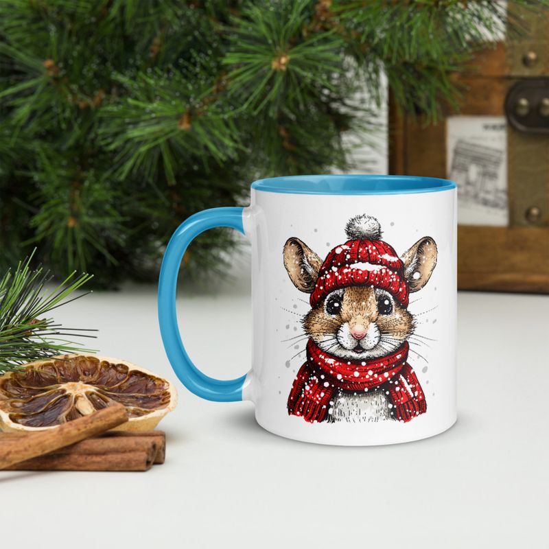 White Ceramic Mug with Color Inside, 11&amp;15oz, Mouse wearing red winter hat and scarf in snow, xg8dl3