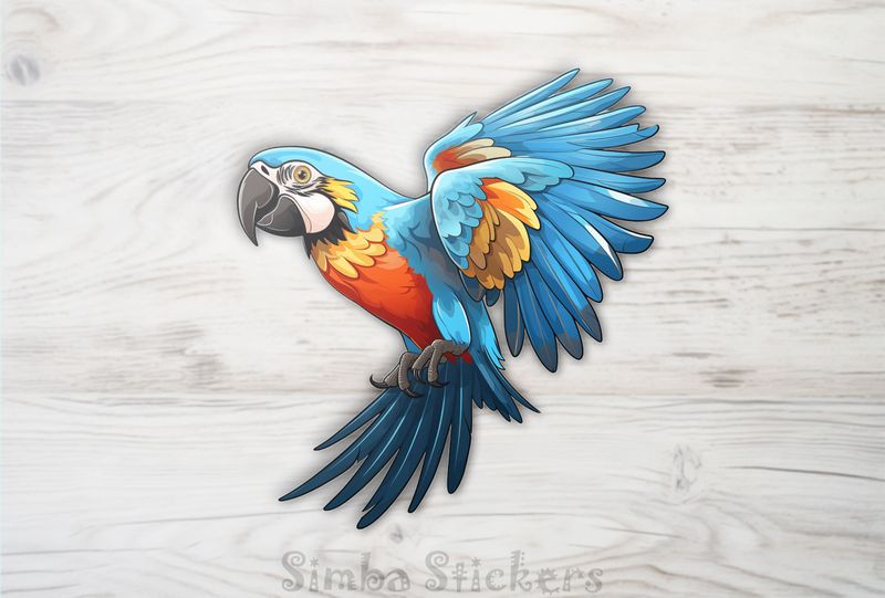 Bluish parrot with yellow patches and wings outspread, 0iaonv