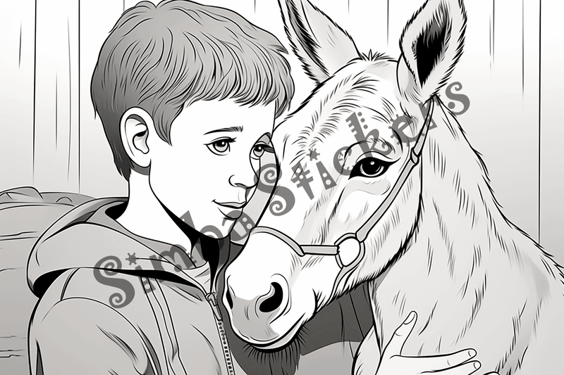 Colouring pages, bundle of donkeys with children, 25 images