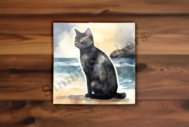 Cat, black, on the beach, watercolour