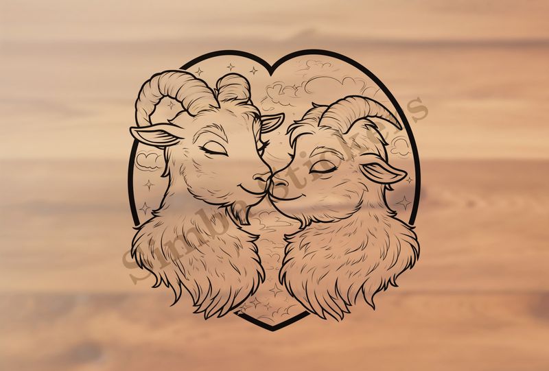 Goat younglings nose-to-nose, outline art