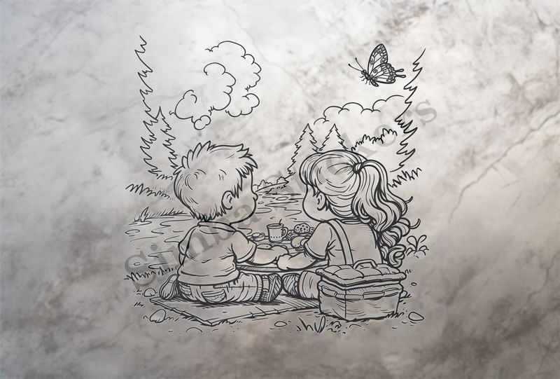 Boy and girl  having a picnic by the river bank, outline art